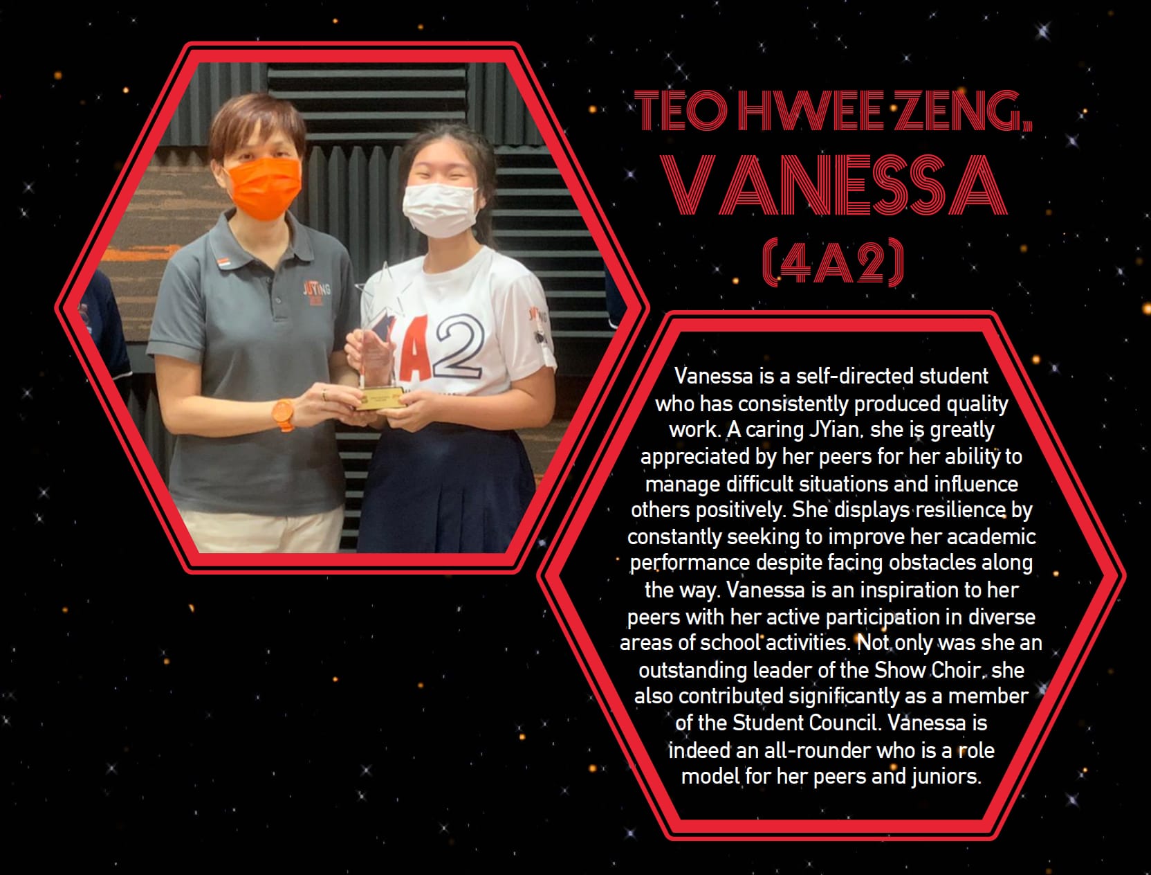 Award profile card for student Vanessa Teo Hwee Zeng of class 4A2, shown receiving a trophy with a teacher.